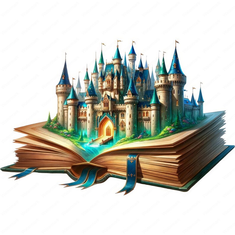 May include: A blue and gold castle emerges from the pages of an open book, with a flowing stream leading to the castle's entrance.