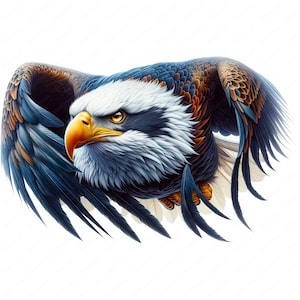 May include: A close-up of a bald eagle with its wings spread wide. The eagle's head is turned to the side, and its sharp eyes are focused on something in the distance. The eagle's feathers are a mix of brown, black, and white.