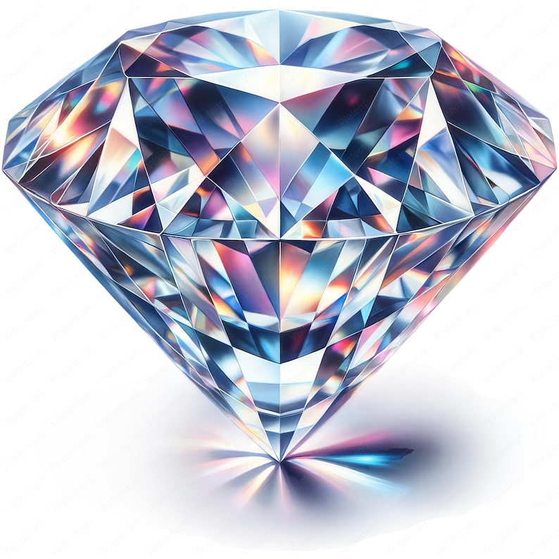 May include: A large, sparkling, iridescent diamond with many facets. The diamond is set against a white background and casts a rainbow-coloured reflection.