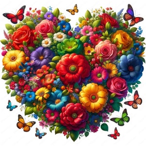May include: A heart-shaped floral arrangement composed of vibrant flowers in shades of red, pink, yellow, blue, and purple. Several butterflies with colorful wings are scattered around the flowers, creating a lively and romantic design.