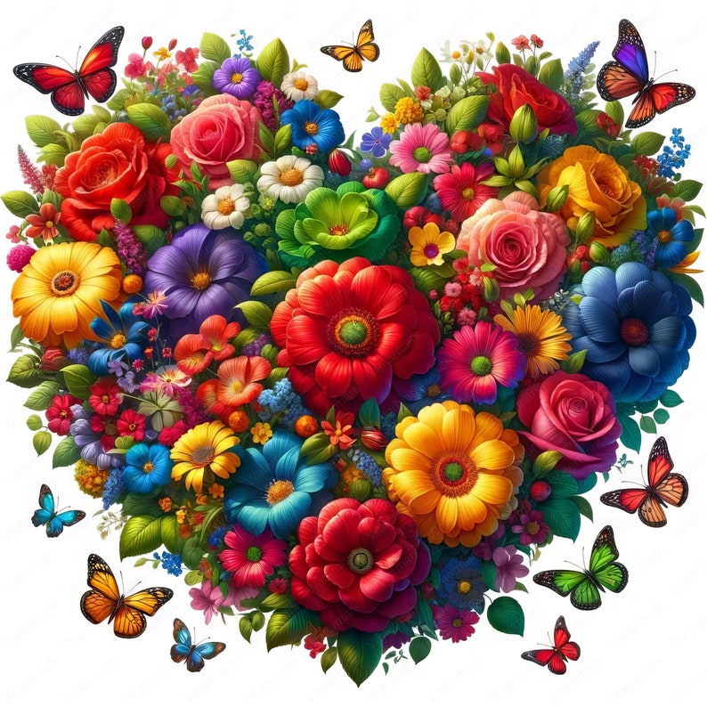 May include: A heart-shaped floral arrangement composed of vibrant flowers in shades of red, pink, yellow, blue, and purple. Several butterflies with colorful wings are scattered around the flowers, creating a lively and romantic design.