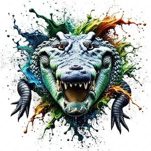 May include: A green and blue alligator with a large open mouth, surrounded by colorful paint splatters.