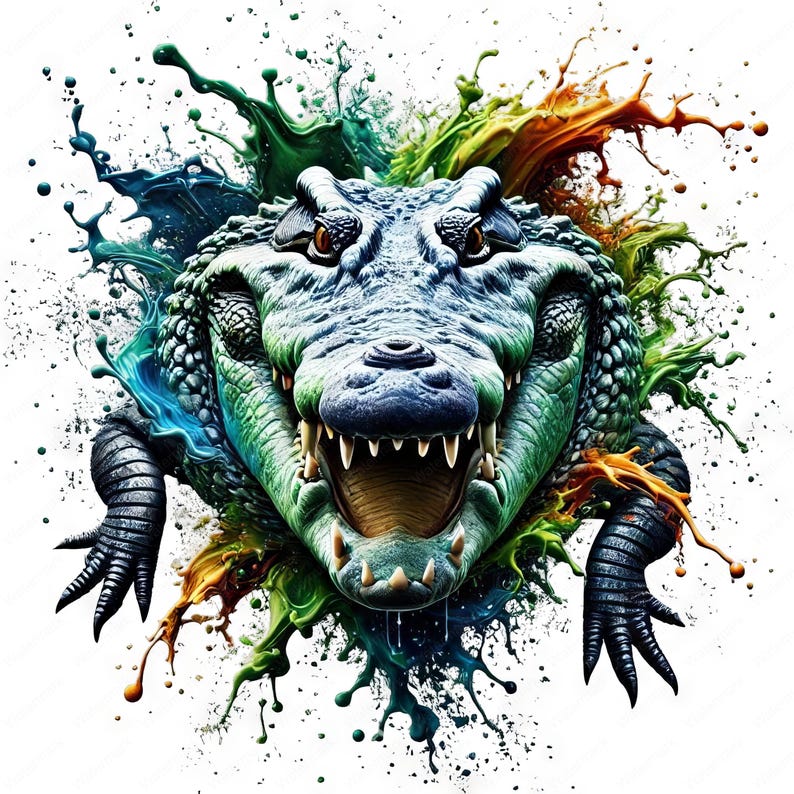 May include: A green and blue alligator with a large open mouth, surrounded by colorful paint splatters.