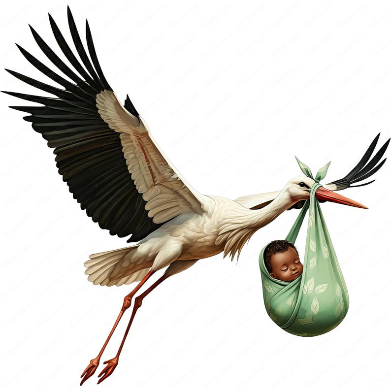 May include: A white stork with black wings carries a baby wrapped in a green and white blanket in its beak.