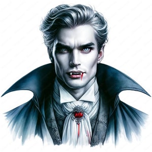 K&ouml;nnte beinhalten: Ein Portr&auml;t eines Vampirs mit blasser Haut, dunklen Haaren und blauen Augen. Er tr&auml;gt einen schwarzen Samtmantel mit einem wei&szlig;en R&uuml;schenkragen und einer roten herzf&ouml;rmigen Brosche. Ein Tropfen Blut befindet sich auf seiner Lippe.