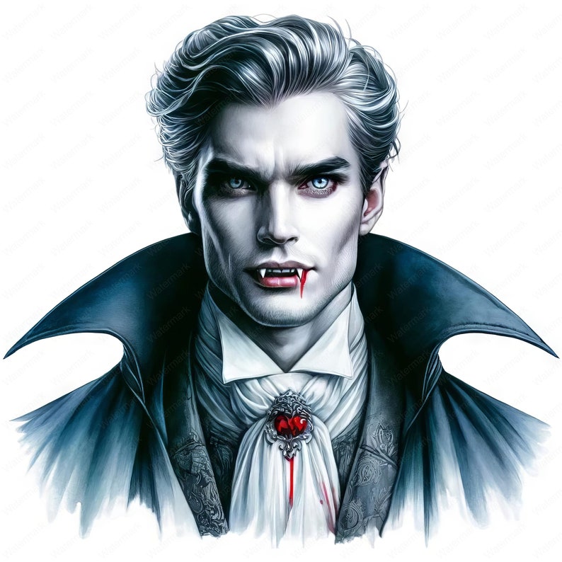 K&ouml;nnte beinhalten: Ein Portr&auml;t eines Vampirs mit blasser Haut, dunklen Haaren und blauen Augen. Er tr&auml;gt einen schwarzen Samtmantel mit einem wei&szlig;en R&uuml;schenkragen und einer roten herzf&ouml;rmigen Brosche. Ein Tropfen Blut befindet sich auf seiner Lippe.