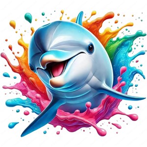 Puede incluir: Un delf&iacute;n sonriente salta a trav&eacute;s de un salpic&oacute;n de pintura colorida. La pintura es en tonos de azul, verde, naranja, rosa y amarillo.
