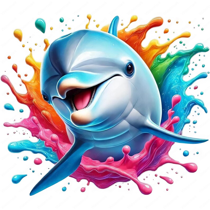 Puede incluir: Un delf&iacute;n sonriente salta a trav&eacute;s de un salpic&oacute;n de pintura colorida. La pintura es en tonos de azul, verde, naranja, rosa y amarillo.