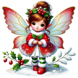 May include: A Christmas fairy with red and white wings, wearing a red and white dress with a holly wreath in her hair, holding a sprig of holly.