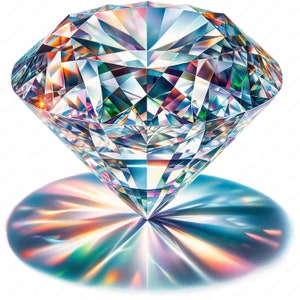 May include: A large, clear diamond with many facets, reflecting rainbow colours. The diamond is casting a colourful, iridescent glow on the surface below.