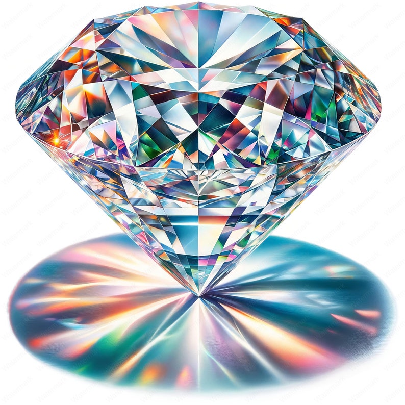 May include: A large, clear diamond with many facets, reflecting rainbow colours. The diamond is casting a colourful, iridescent glow on the surface below.