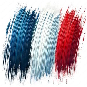 May include: Abstract artwork depicting the French flag. The image features broad brushstrokes of blue, white, and red, arranged vertically. The strokes have a textured appearance, creating a dynamic and artistic representation.