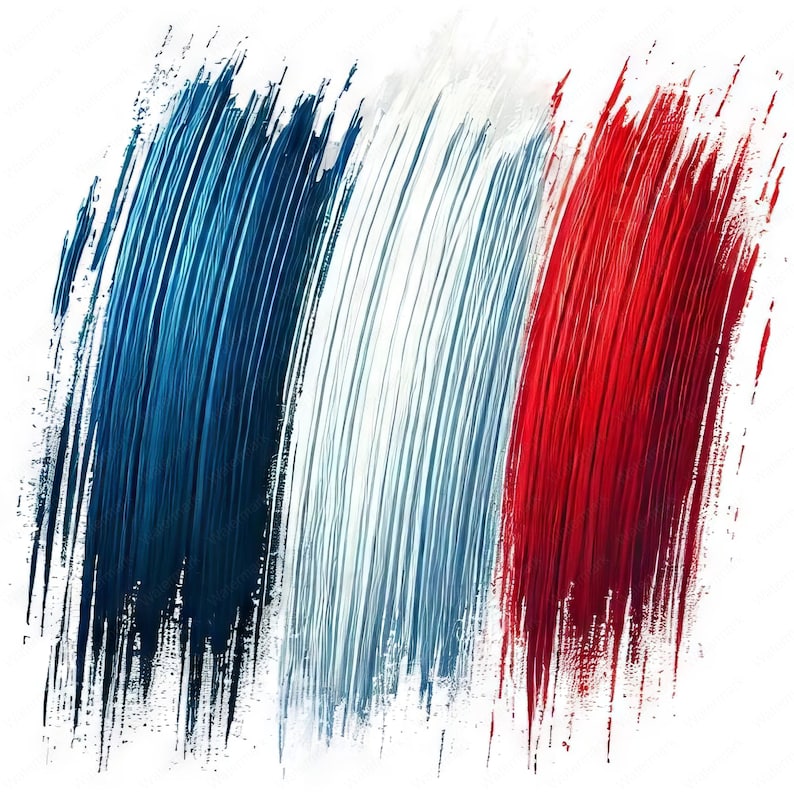 May include: Abstract artwork depicting the French flag. The image features broad brushstrokes of blue, white, and red, arranged vertically. The strokes have a textured appearance, creating a dynamic and artistic representation.
