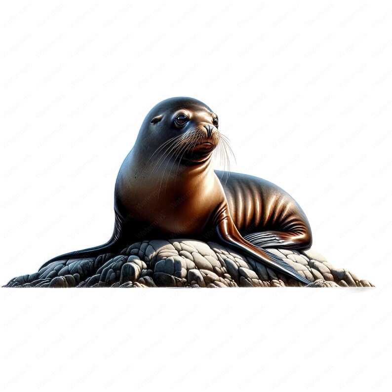 May include: A brown California sea lion with dark eyes and whiskers is resting on a pile of grey rocks. The sea lion is looking to the right of the image.
