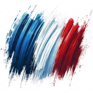 May include: Abstract artwork featuring the French flag. Bold brushstrokes of blue, white, and red create a dynamic, textured design. The colors are arranged in vertical stripes, evoking a sense of national pride and artistic expression.