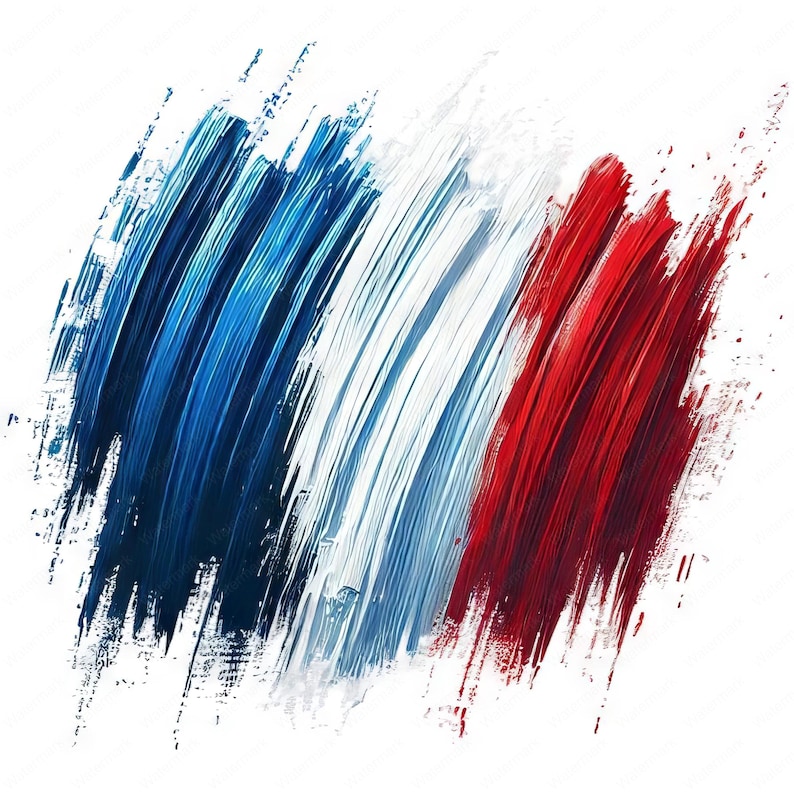 May include: Abstract artwork featuring the French flag. Bold brushstrokes of blue, white, and red create a dynamic, textured design. The colors are arranged in vertical stripes, evoking a sense of national pride and artistic expression.