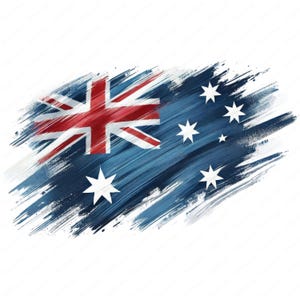 May include: A blue and white Australian flag painted with brushstrokes. The flag features a Union Jack in the upper left corner and a constellation of seven white stars in the lower right corner.