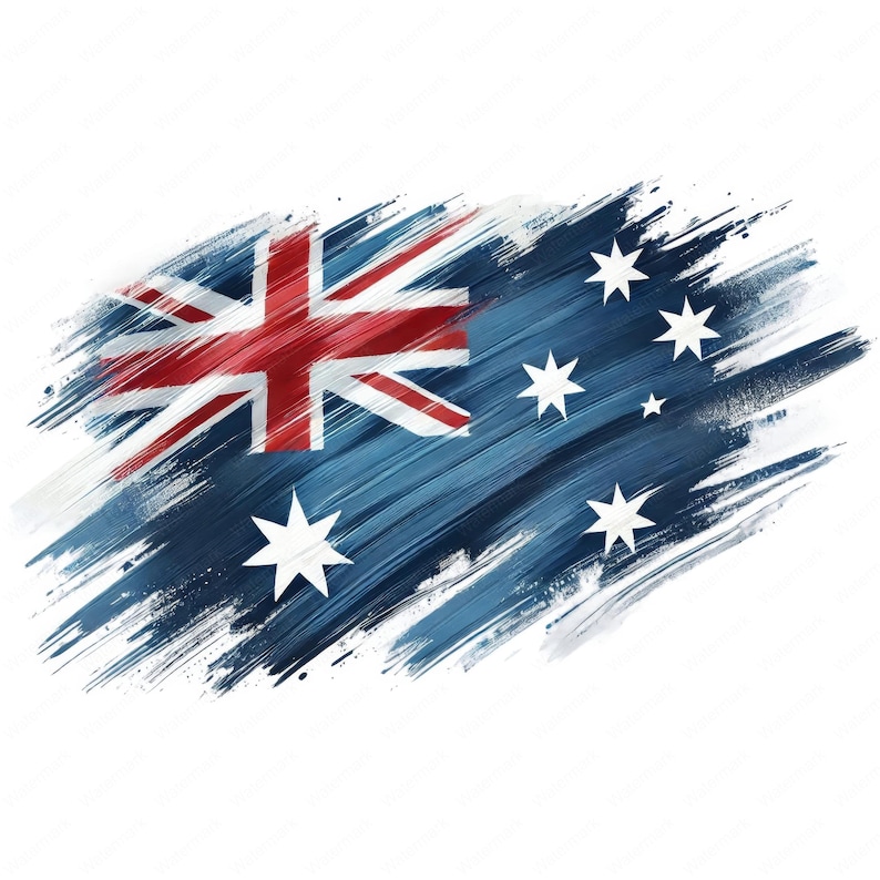 May include: A blue and white Australian flag painted with brushstrokes. The flag features a Union Jack in the upper left corner and a constellation of seven white stars in the lower right corner.
