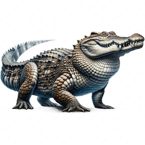 May include: A detailed illustration of a crocodile with brown, black, and white scales. The crocodile is standing on a white background and has its mouth slightly open, revealing sharp teeth.