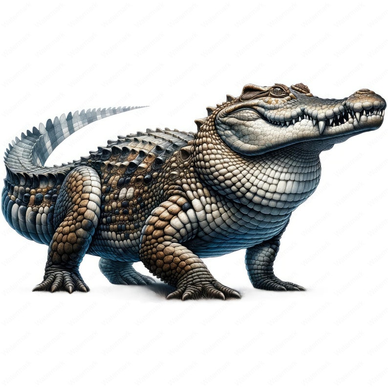May include: A detailed illustration of a crocodile with brown, black, and white scales. The crocodile is standing on a white background and has its mouth slightly open, revealing sharp teeth.