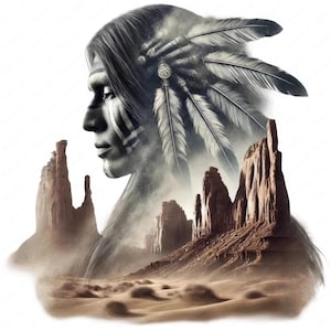 May include: A digital art print featuring a Native American woman with a feathered headdress, her face painted with black and white markings. The woman is partially obscured by a desert landscape with tall rock formations.