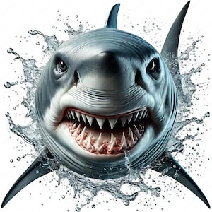 May include: A close-up of a great white shark's face with its mouth open, showing sharp teeth. The shark is surrounded by water droplets, creating a dynamic and powerful image.