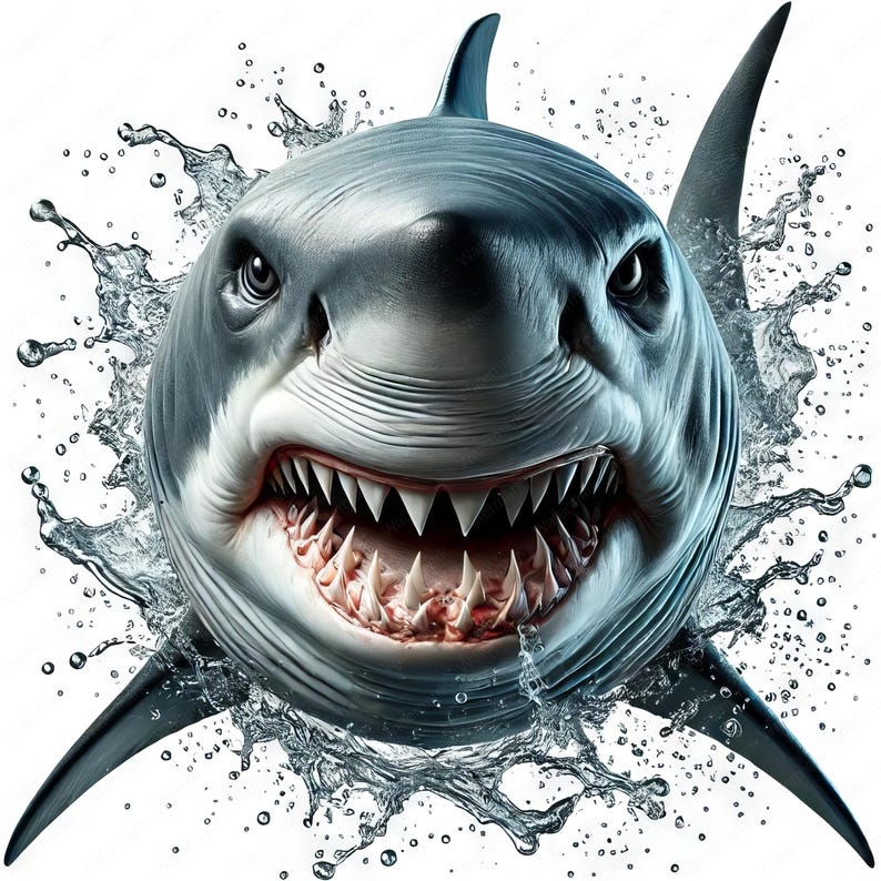 May include: A close-up of a great white shark's face with its mouth open, showing sharp teeth. The shark is surrounded by water droplets, creating a dynamic and powerful image.