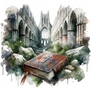 May include: Watercolor illustration of a leather-bound book with a silver cross on the cover, set against the backdrop of a weathered stone cathedral. The artwork features a palette of muted greens, grays, and browns, evoking a sense of history and spirituality.