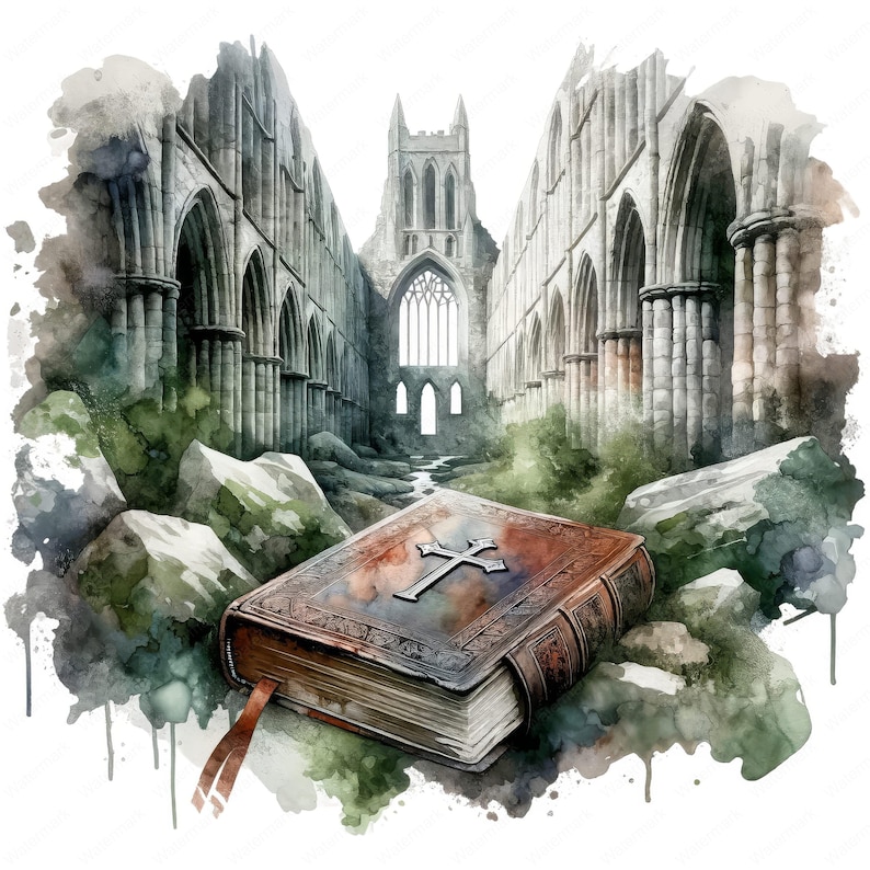 May include: Watercolor illustration of a leather-bound book with a silver cross on the cover, set against the backdrop of a weathered stone cathedral. The artwork features a palette of muted greens, grays, and browns, evoking a sense of history and spirituality.