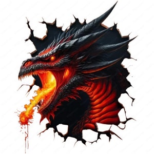 May include: A fiery red and black dragon bursts through a cracked wall, breathing flames. The dragon's eyes glow red, and its mouth is open wide, revealing sharp teeth.