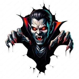 Puede incluir: Un vampiro con dientes y garras afiladas emerge de un agujero oscuro en una pared. Tiene ojos rojos y una capa negra con forro rojo.