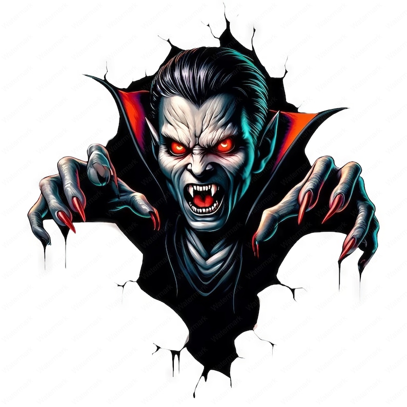 Puede incluir: Un vampiro con dientes y garras afiladas emerge de un agujero oscuro en una pared. Tiene ojos rojos y una capa negra con forro rojo.