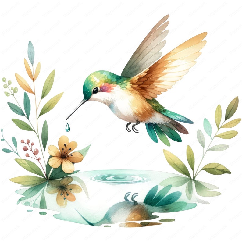 May include: A watercolor painting of a hummingbird with green, brown, and white feathers, drinking from a puddle of water. The hummingbird is surrounded by green leaves and yellow flowers.