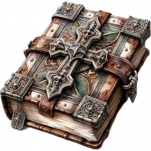 May include: A detailed, antique-style book with a large silver cross on the cover. The book features brown leather straps and ornate metal clasps. The cover has a decorative leaf pattern and silver accents.