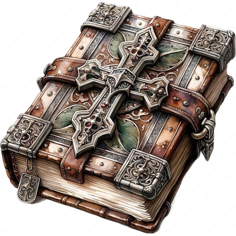 May include: A detailed, antique-style book with a large silver cross on the cover. The book features brown leather straps and ornate metal clasps. The cover has a decorative leaf pattern and silver accents.
