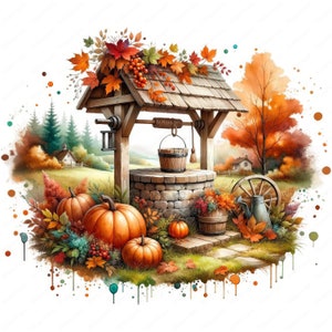 May include: A rustic wooden well with a stone well house, surrounded by fall foliage, pumpkins, and a watering can. The well is decorated with a wooden bucket and rope.
