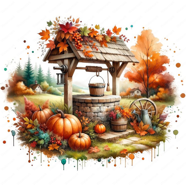 May include: A rustic wooden well with a stone well house, surrounded by fall foliage, pumpkins, and a watering can. The well is decorated with a wooden bucket and rope.