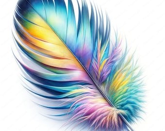 May include: A single iridescent feather with a blue, yellow, and pink color scheme. The feather has a long, thin shaft and a wide, fan-shaped vane.