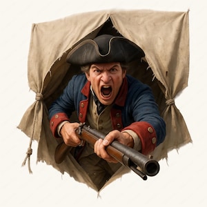 May include: A man in a blue and red uniform with a tri-cornered hat holds a musket and looks intensely at the viewer. He is peeking out of a torn canvas.