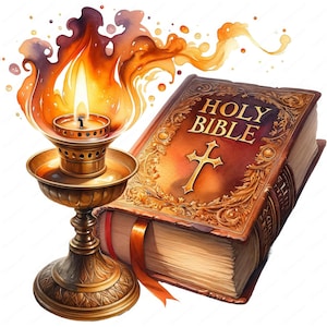 May include: Watercolor illustration of a lit candle in a brass holder next to a closed Holy Bible. The Bible is brown with gold lettering and a cross, and a red ribbon bookmark. The flame and surrounding watercolor effects are orange and yellow.