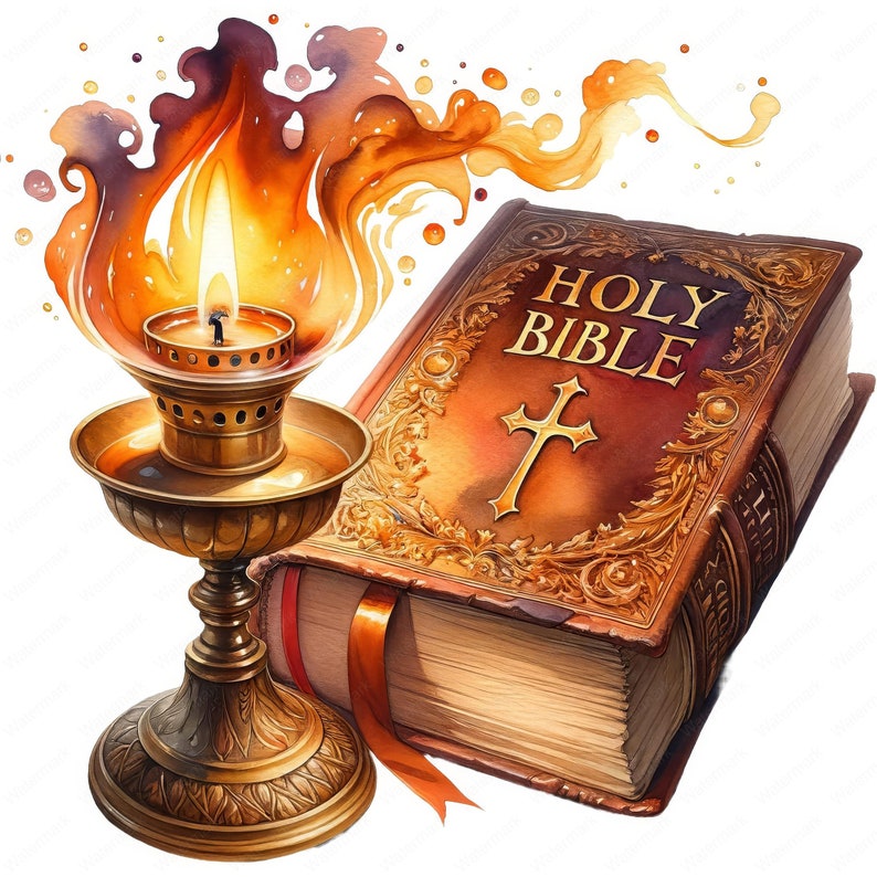 May include: Watercolor illustration of a lit candle in a brass holder next to a closed Holy Bible. The Bible is brown with gold lettering and a cross, and a red ribbon bookmark. The flame and surrounding watercolor effects are orange and yellow.