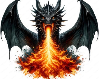 Majestic Fire Dragon Clipart: Fantasy Art Printables (Digital Download)