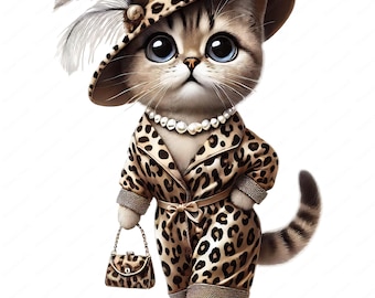 Leopard Print Fashion Cat Clipart Bundle (Digital Download)