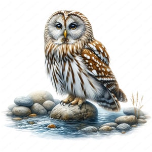 May include: A brown and white owl with yellow eyes perched on a rock by a stream. The owl has brown and white feathers with dark brown spots. The stream is surrounded by grey rocks.