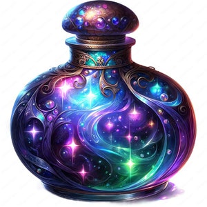 May include: A dark purple glass bottle with a gold lid and intricate detailing. The bottle is filled with a swirling mixture of blue, green, and purple liquid, with sparkling stars and iridescent bubbles.