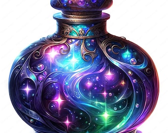 Può includere: Una bottiglia di vetro viola scuro con un tappo dorato e dettagli intricati. La bottiglia è piena di una miscela di liquido blu, verde e viola che vortica, con stelle scintillanti e bolle iridescenti.