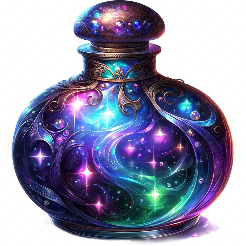 May include: A dark purple glass bottle with a gold lid and intricate detailing. The bottle is filled with a swirling mixture of blue, green, and purple liquid, with sparkling stars and iridescent bubbles.