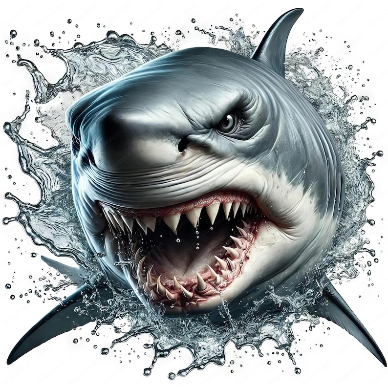 May include: A close-up of a great white shark's open mouth with sharp teeth, surrounded by splashing water.