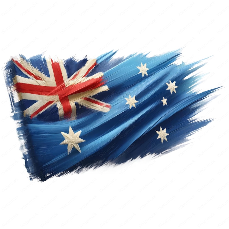 May include: A blue and white Australian flag with a red, white, and blue Union Jack in the upper left corner. The flag is painted in a brushstroke style, giving it a textured look.