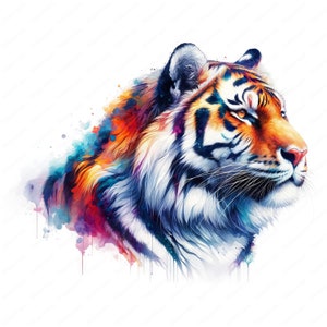 May include: A colorful watercolor painting of a tiger's head. The tiger has orange, black, and white stripes, and its fur is painted with shades of blue, purple, and green.